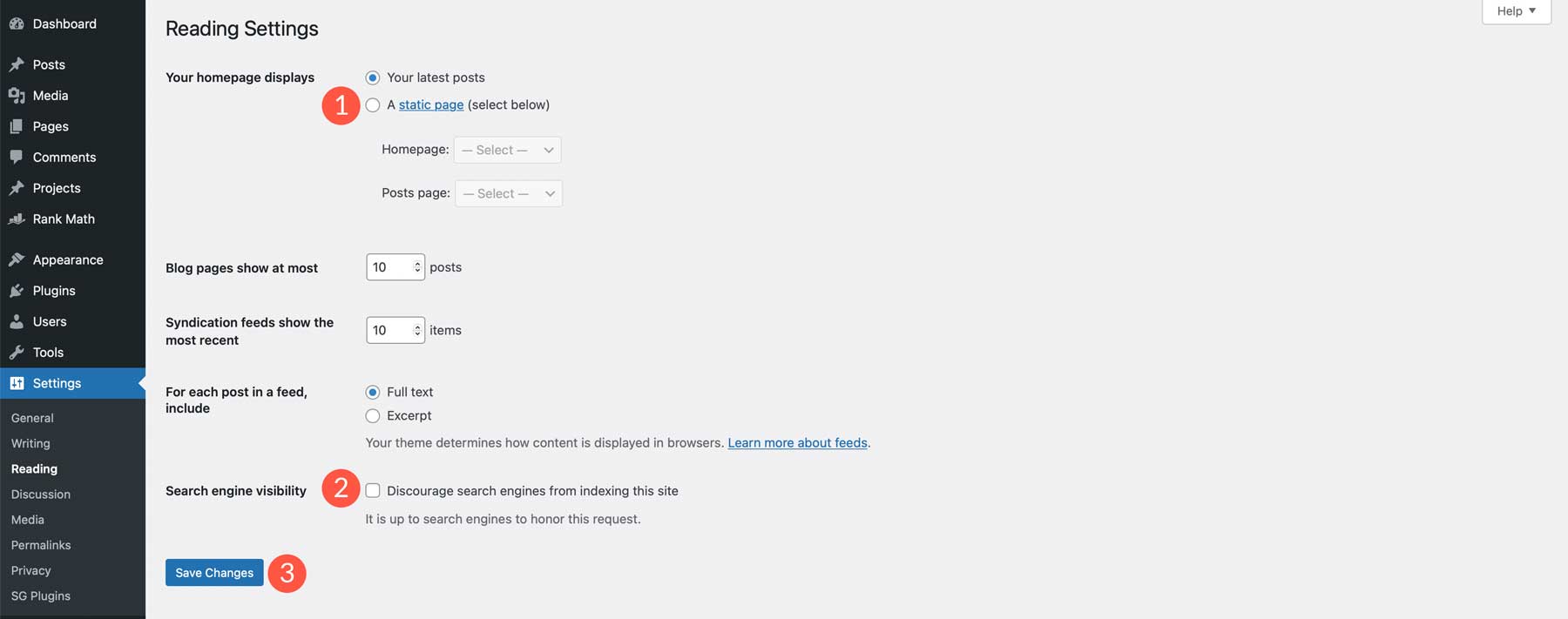 WordPress reading settings