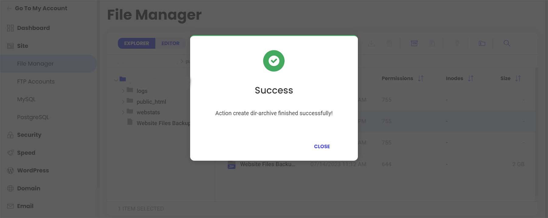 Archive successfully created in Siteground's file manager