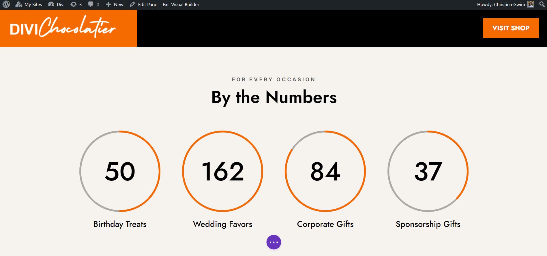 The Completed Divi Chocolatier Layout with Circle Counters