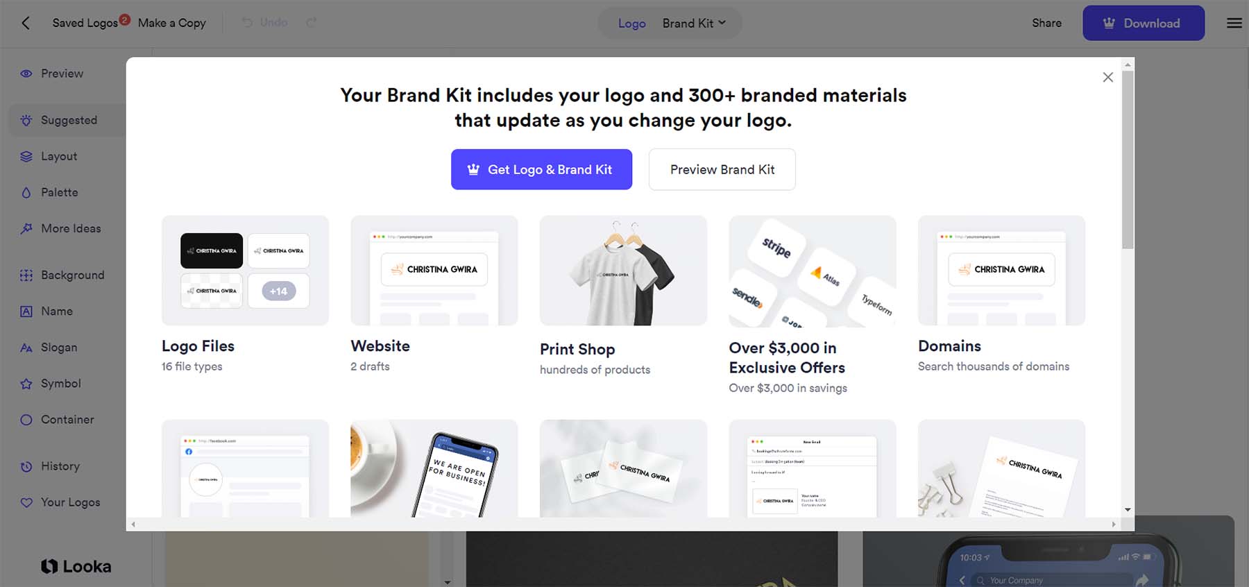 Looka's brand kit is generated everytime to update and edit your logo