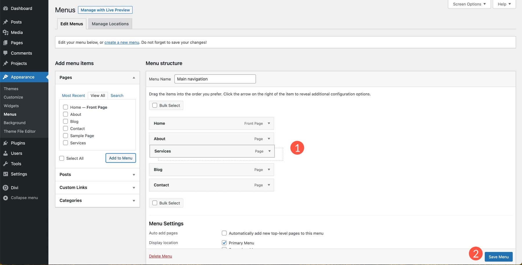 save WordPress menu