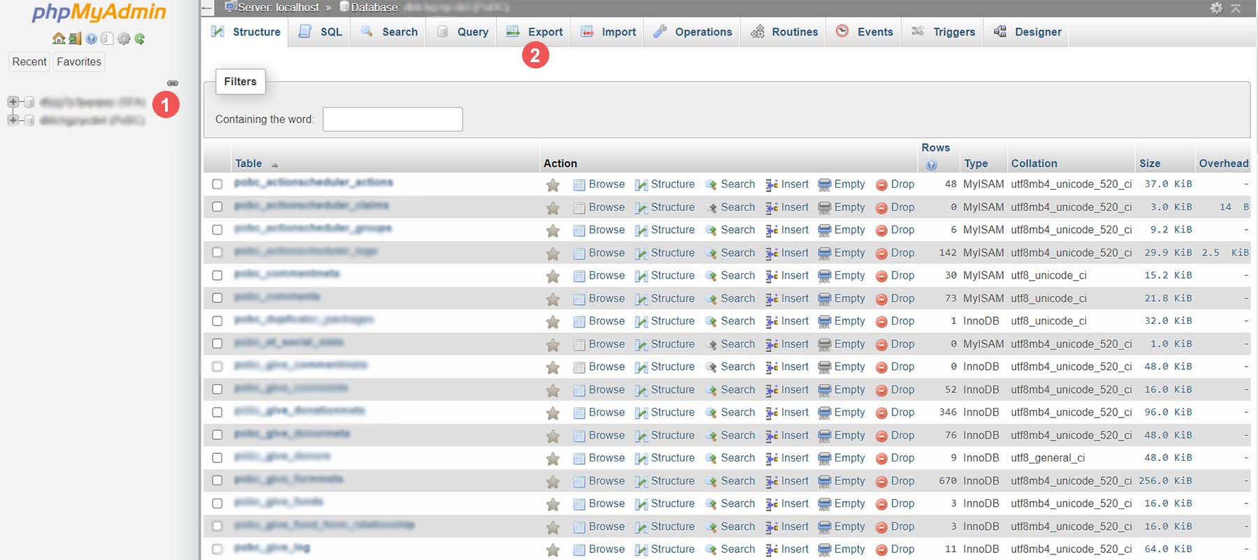 Select and export your database