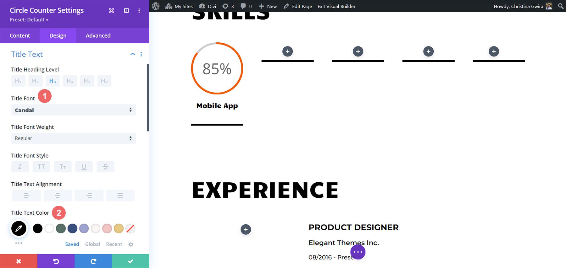 Title Text settings for the Creative CV layout