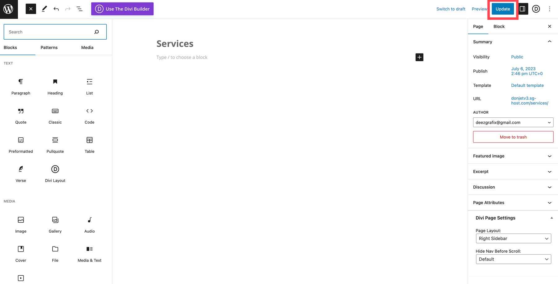 update WordPress page