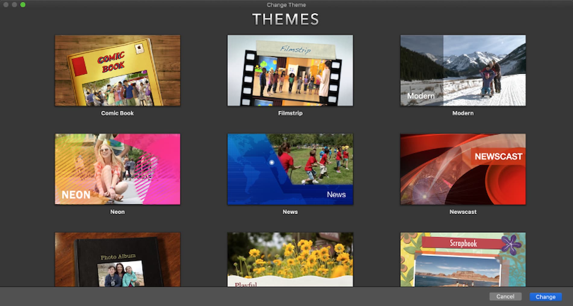 A screenshot of iMovie's pre-made themes