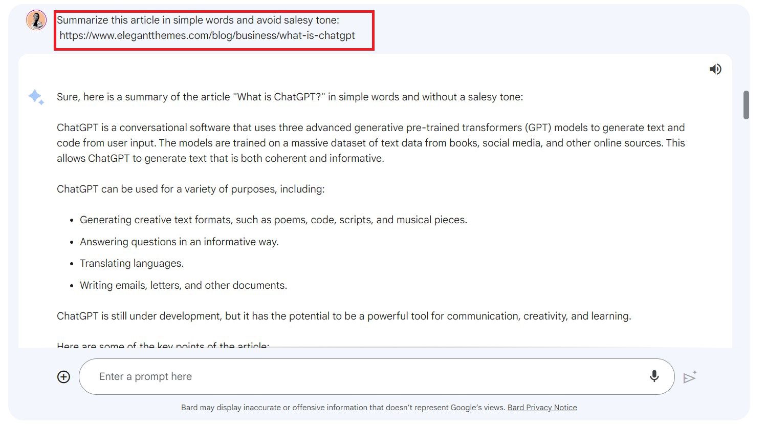 Bard AI Summarizing Article