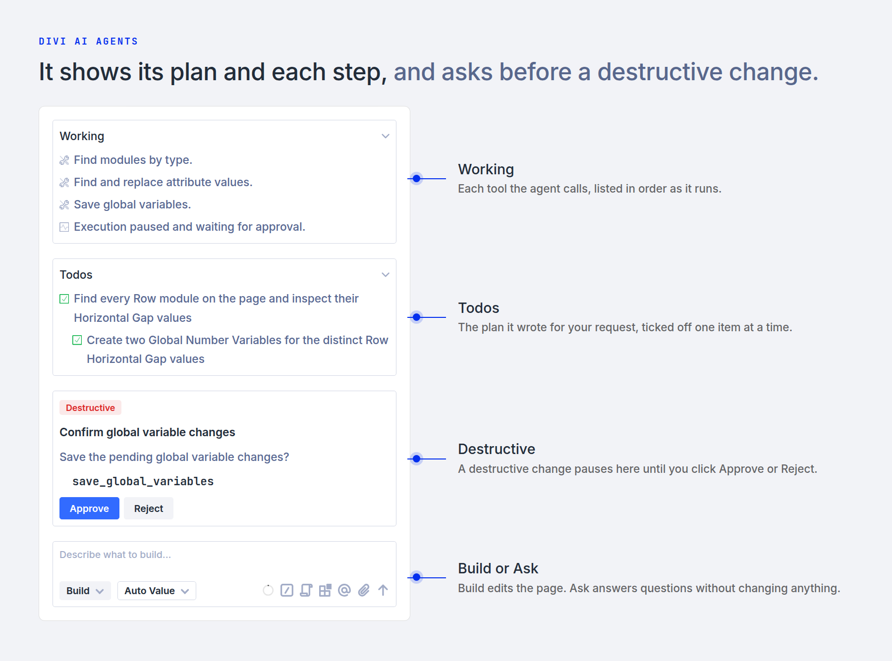Divi AI Agents showing its plan and pausing for approval