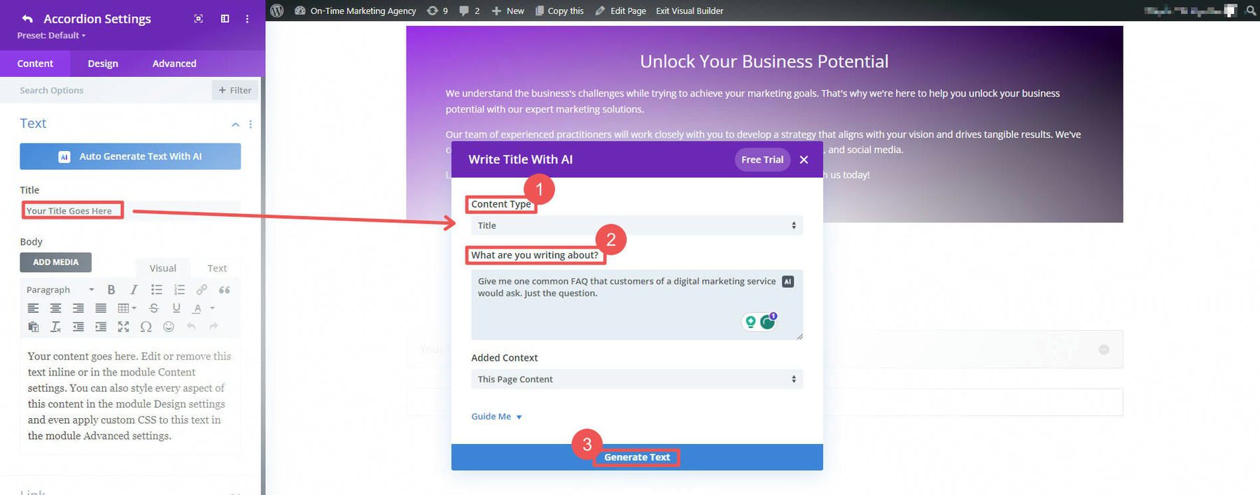 Divi AI for Generating FAQs - Steps 1-3