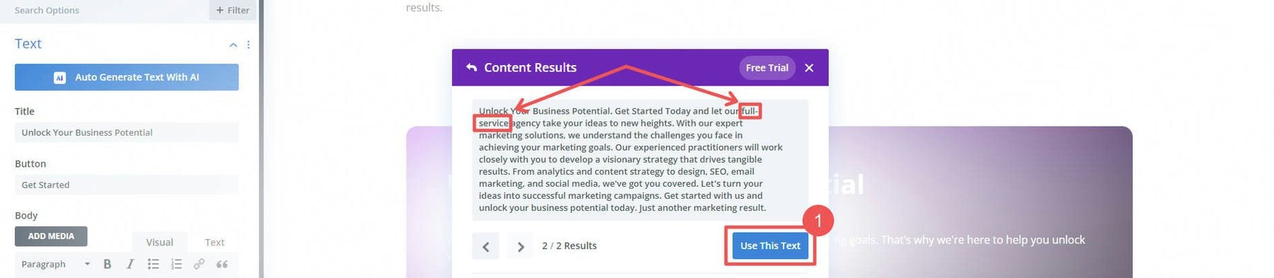 Divi AI for Rewriting with Keyword - Steps 8