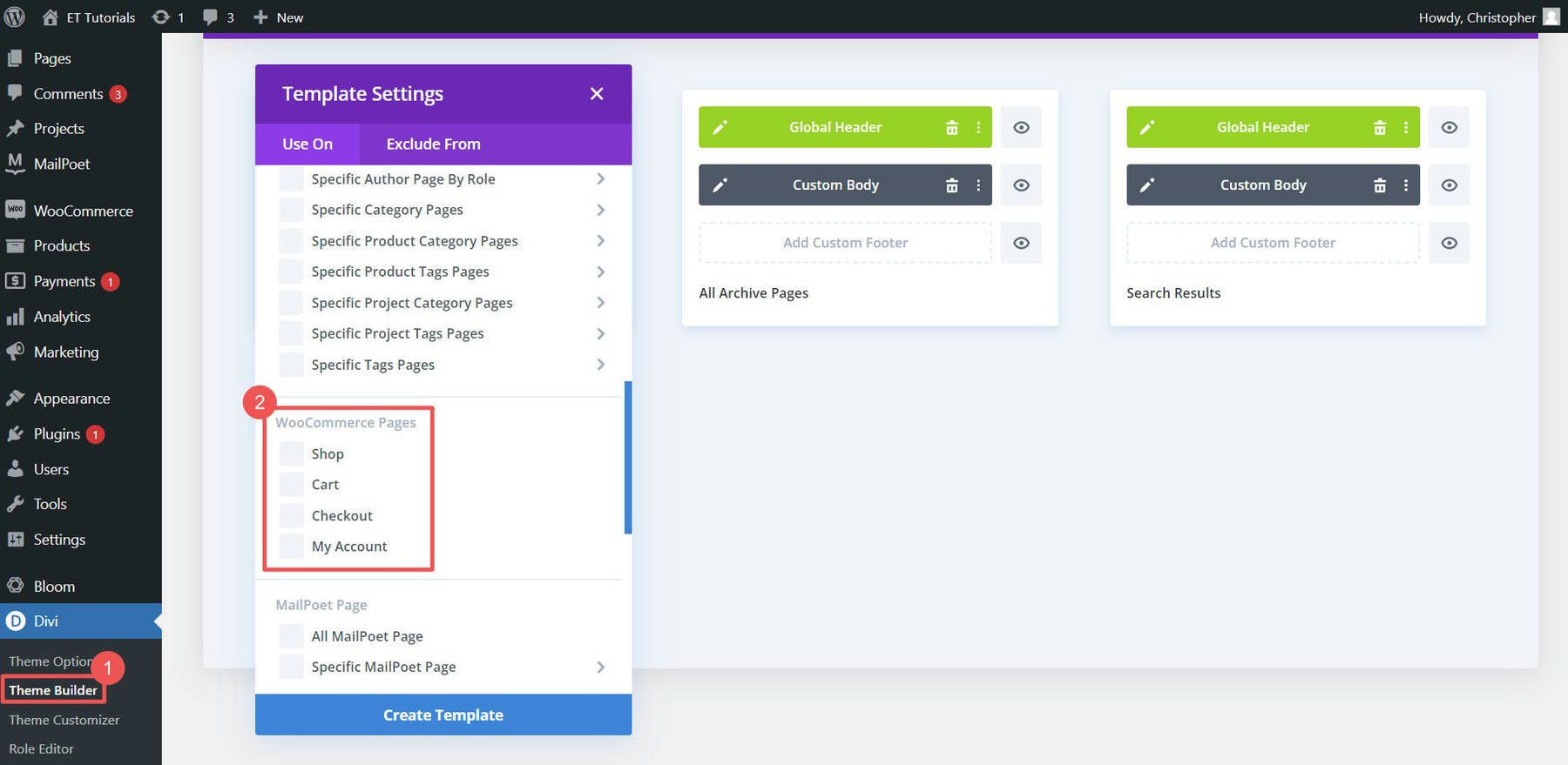Woo Shop Pages in Theme Builder - Steps 1-2