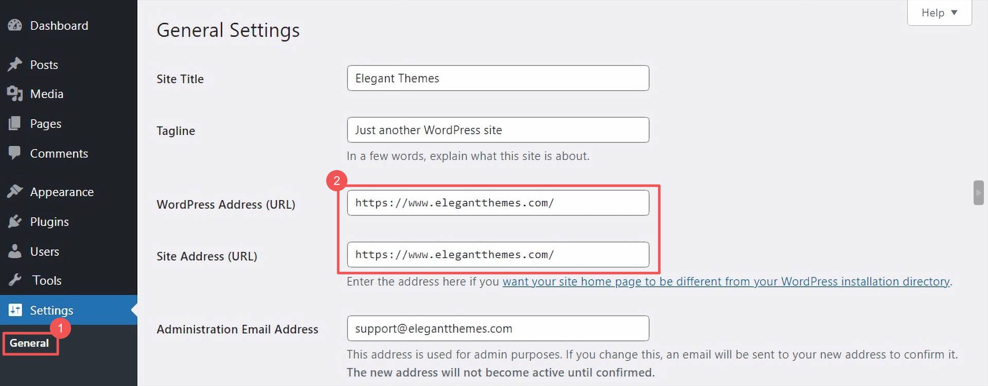 WordPress Settings General Website WWW URL