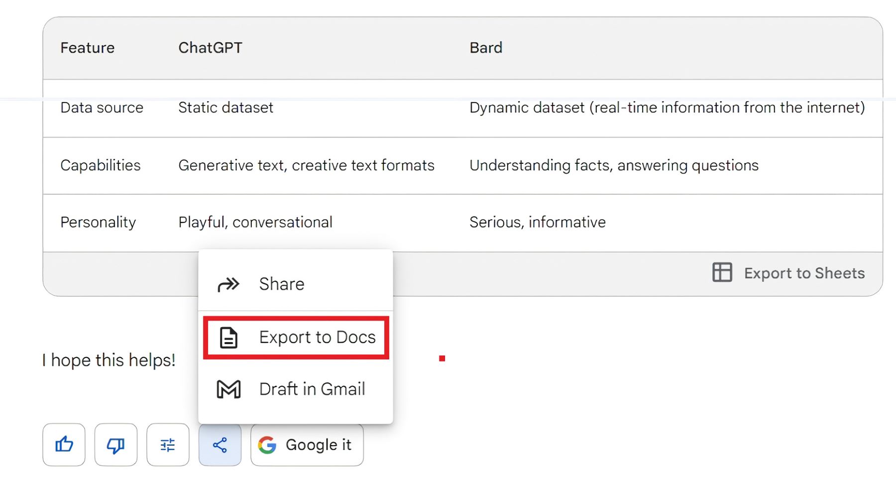 Bard AI Export Information to Docs