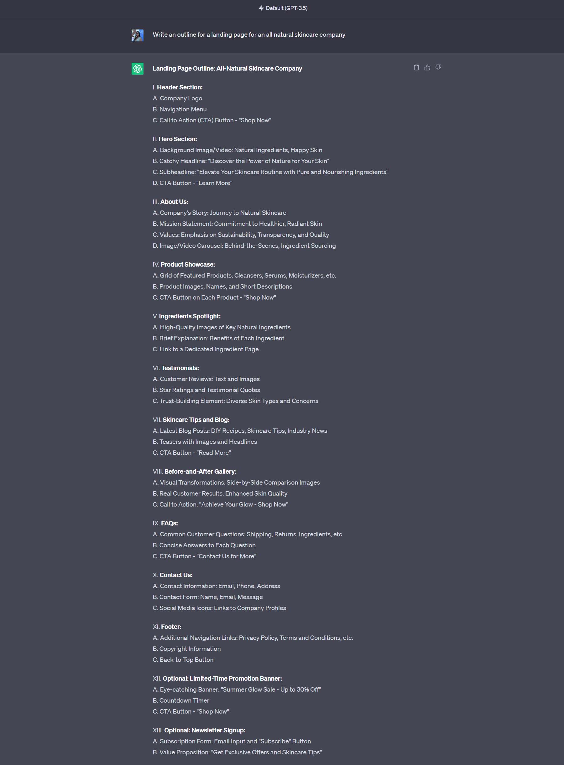 ChatGPTs landing page outline