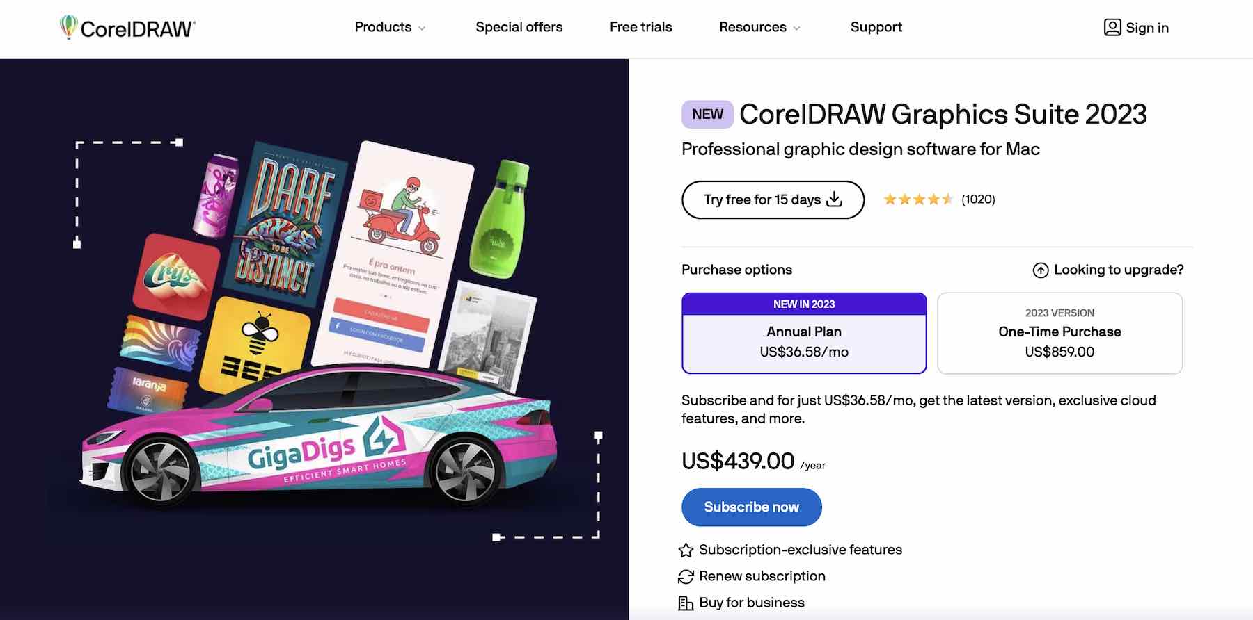 CorelDRAW website screenshot showing pricing plans