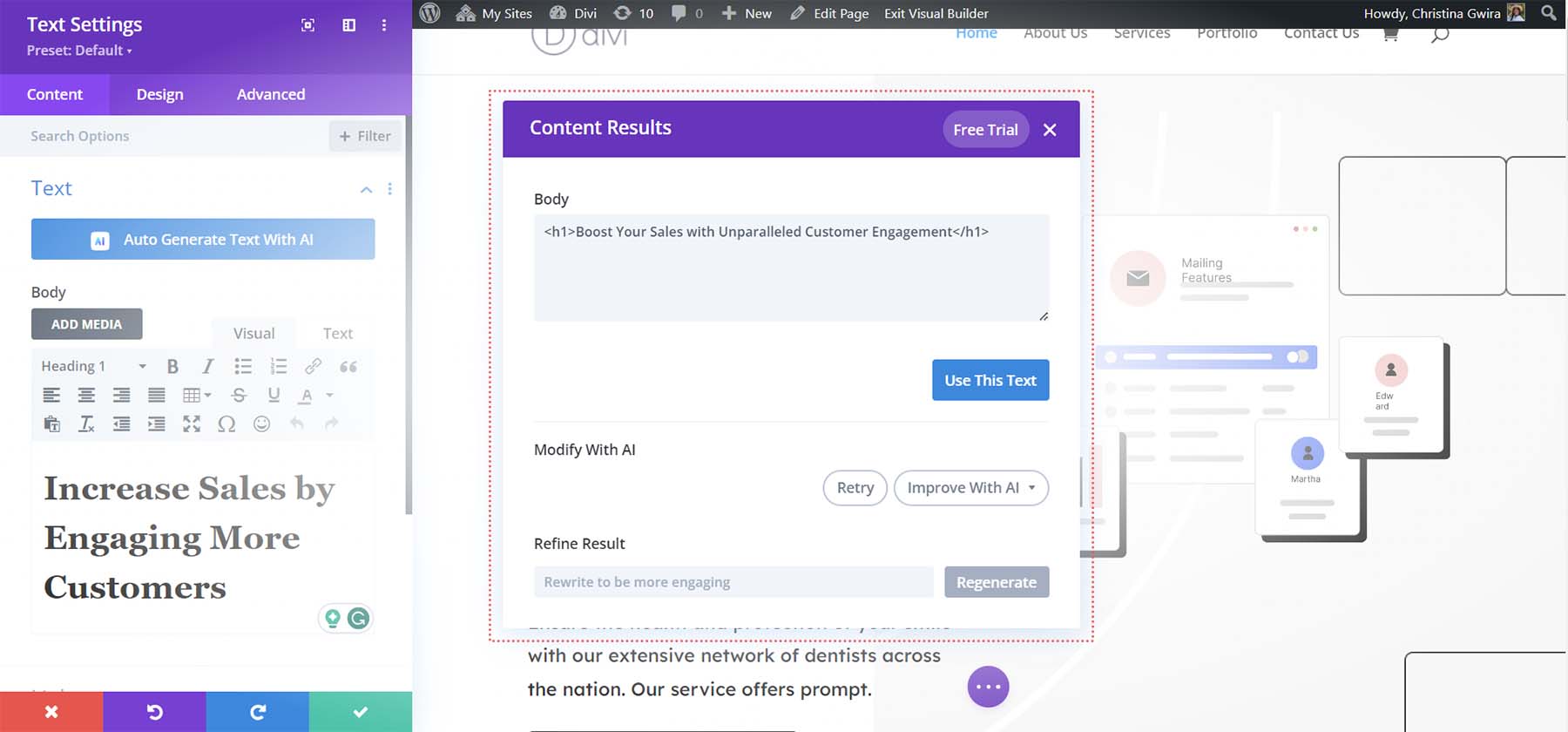 Auto generated content with Divi AI, right within the visual builder!