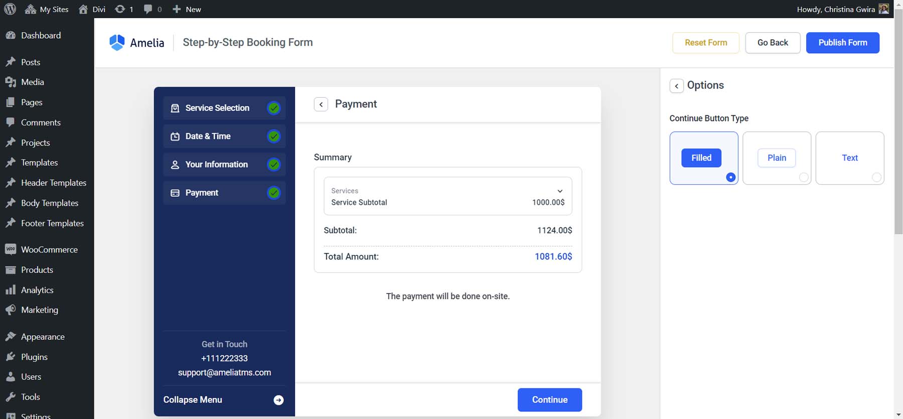 Payment table selections for Amelia