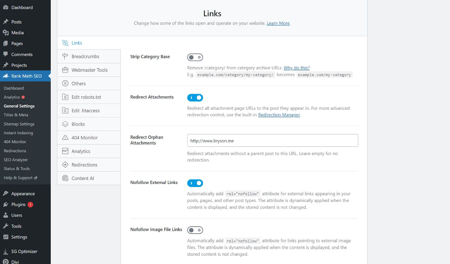 Rank Math Link SEO Settings