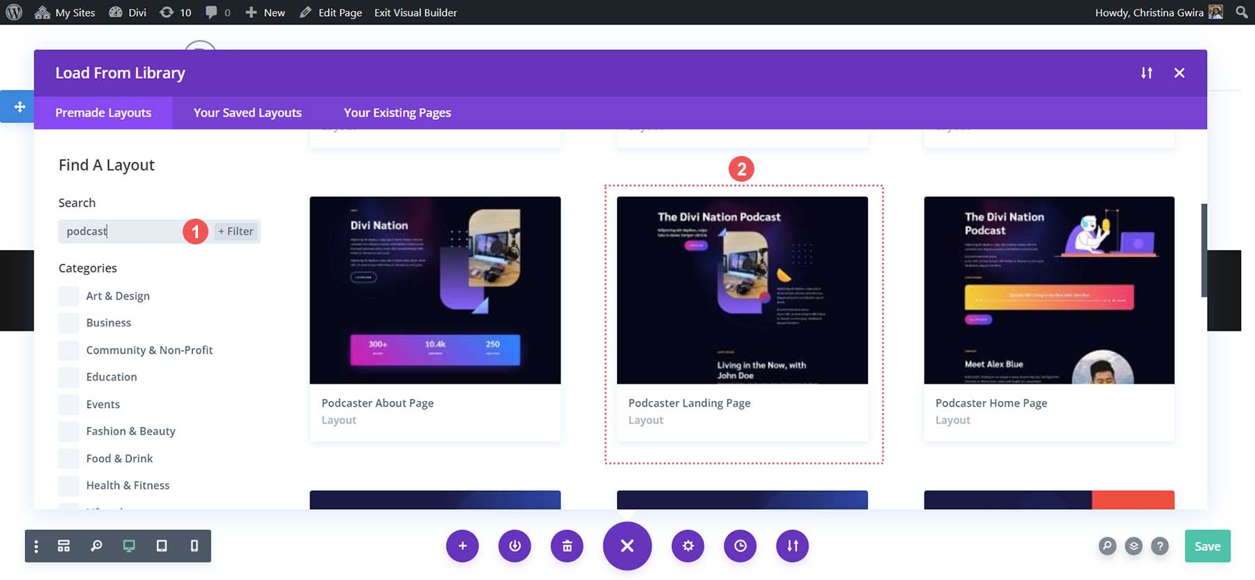Select the Landing Page Layout from the Podcaster Layout Pack