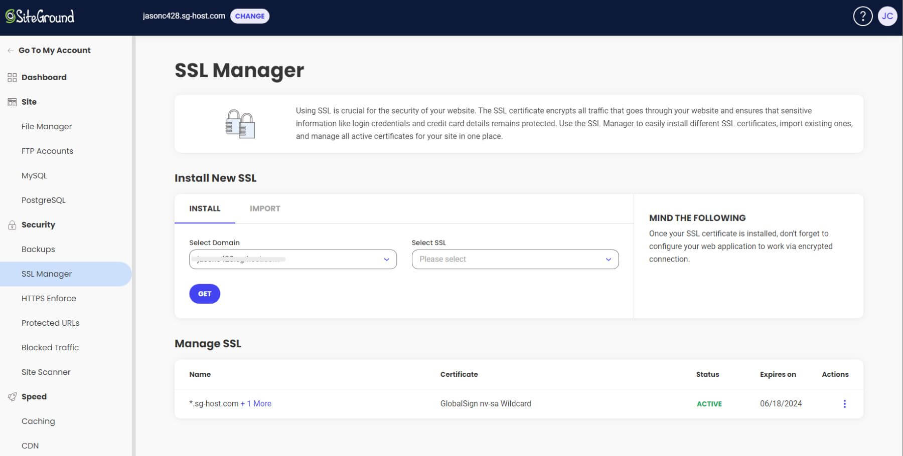 SSL Manager in SiteGround