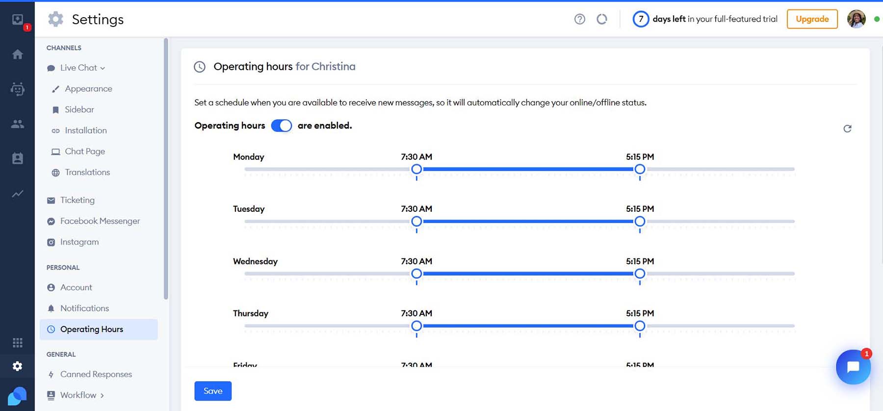 Set operating hours for your live chat