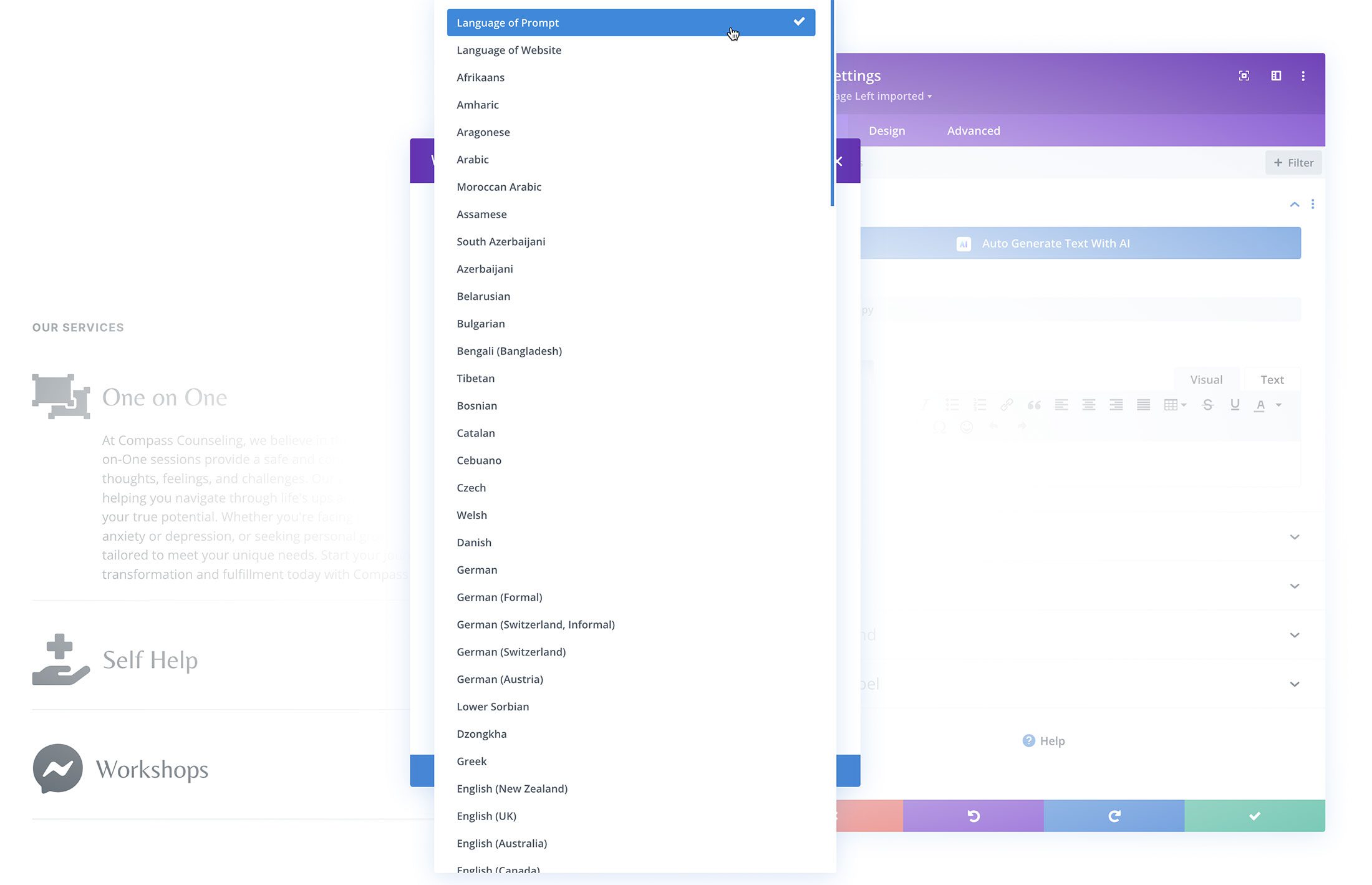 Divi AI language options