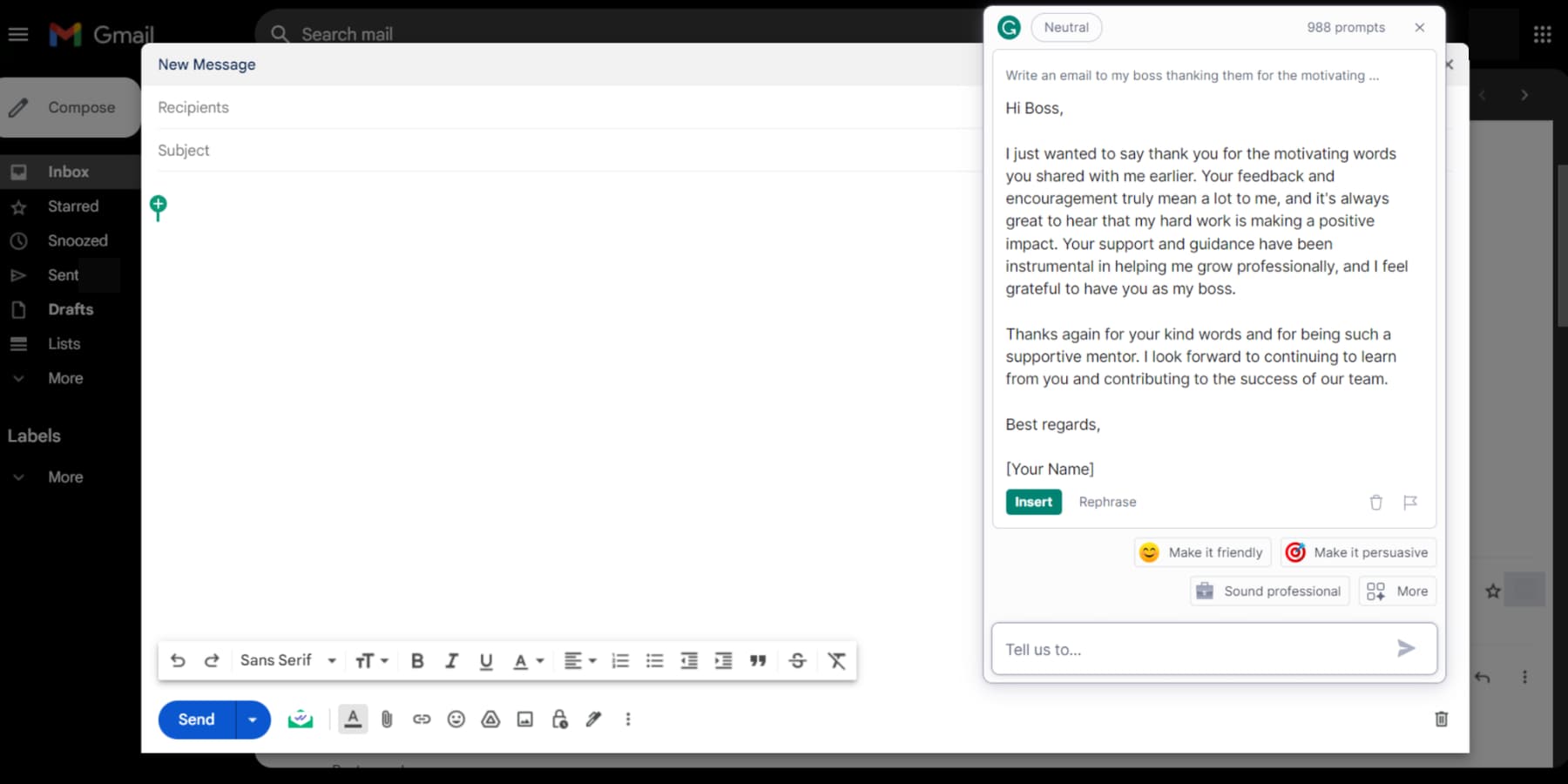 A screenshot of GrammarlyGO writing an email