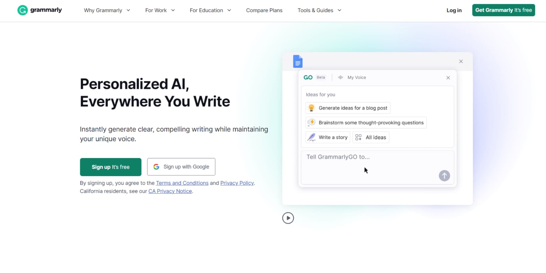 A screenshot of Grammarly's Homepage