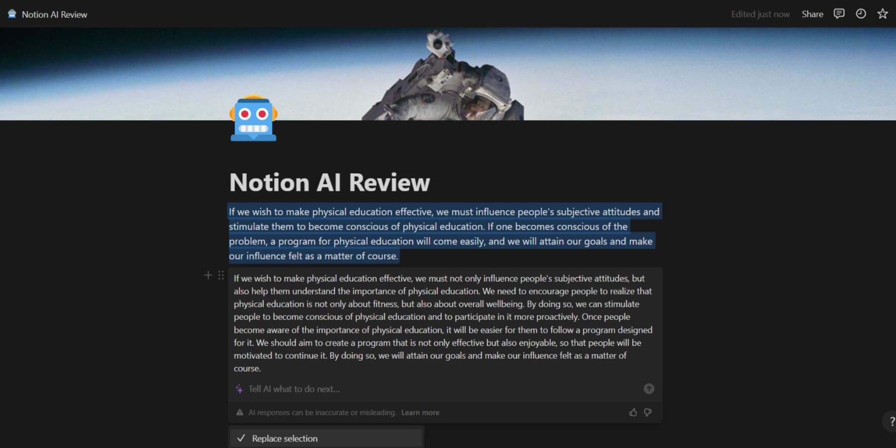 A screenshot of Notion AI expanding a piece of text