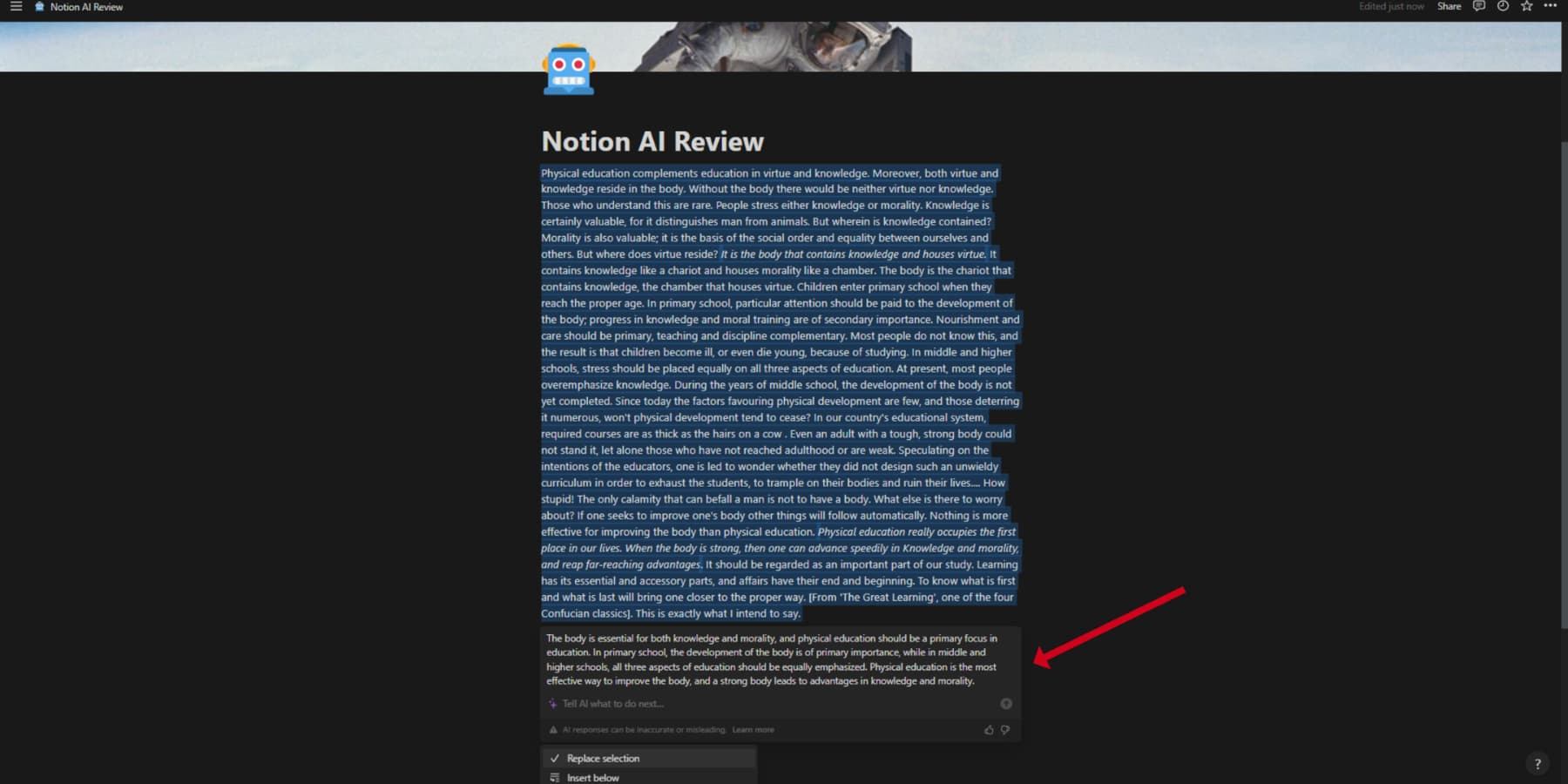 A screenshot of Notion AI summarizing a huge piece of text