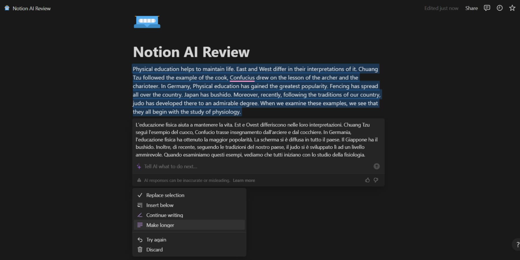 A screenshot of Notion AI translating an English paragraph to Italian