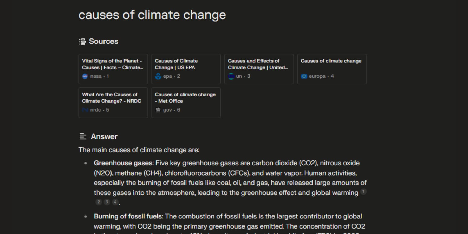 A screenshot of Perplexity AI answering causes of climate change and ncorporating insights from scientific papers, news articles, and government websites