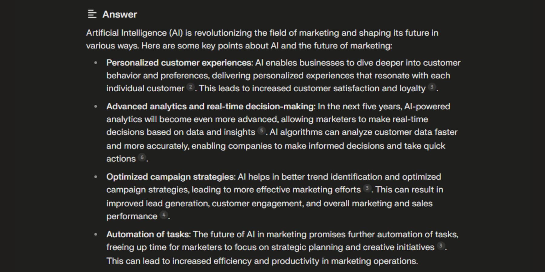 A screenshot of Perplexity AI answering question about AI and the future of marketing