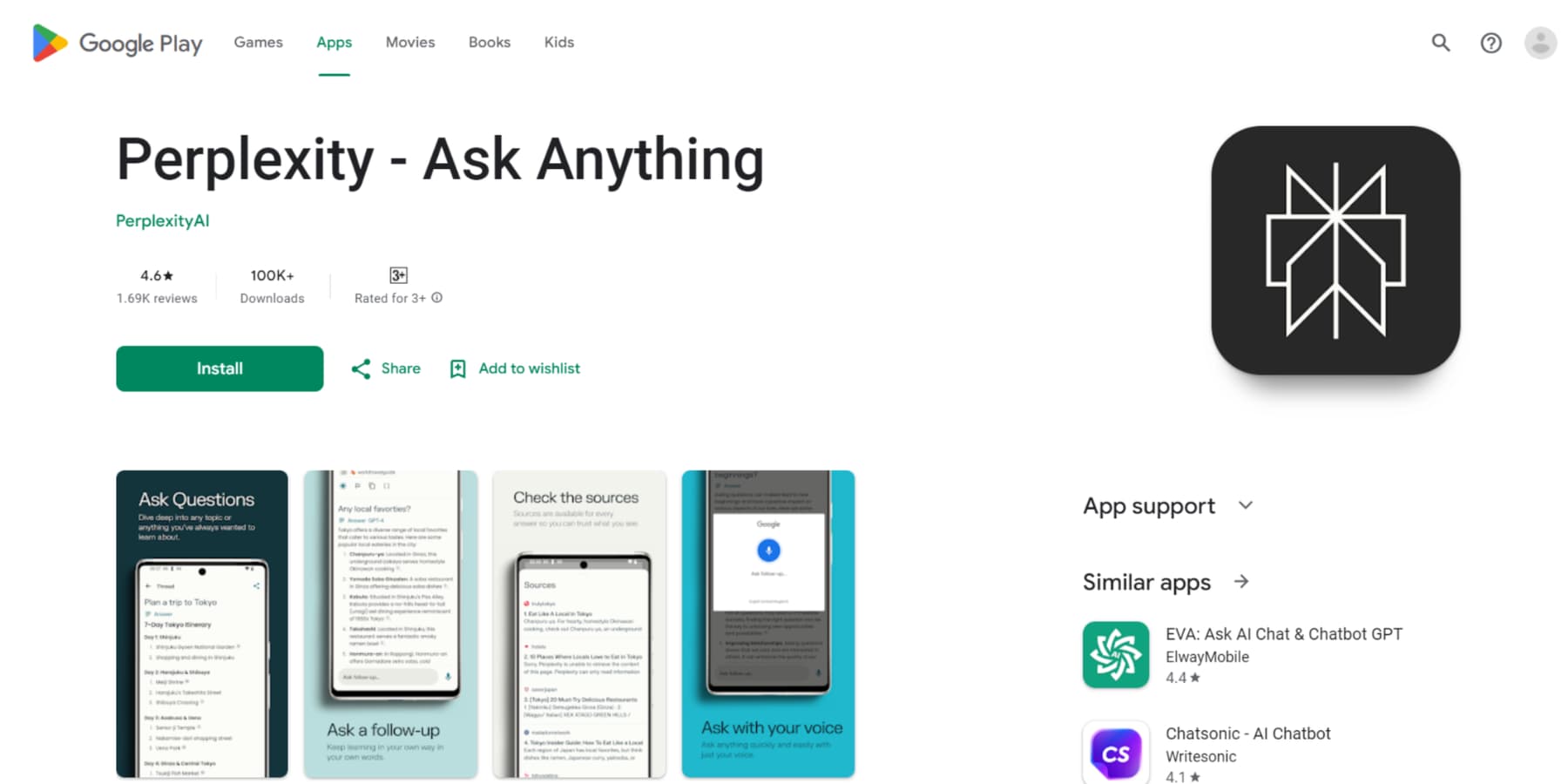 A screenshot of Perplexity AI app's page on Google Playstore