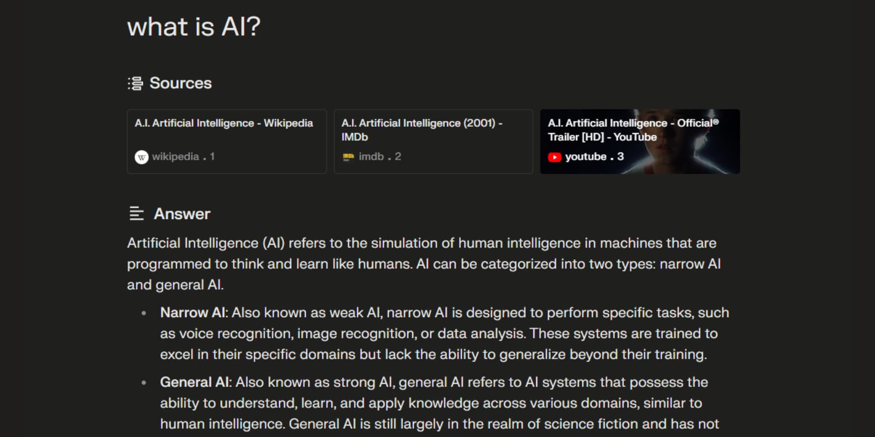 A screenshot of Perplexity AI explaining what is AI