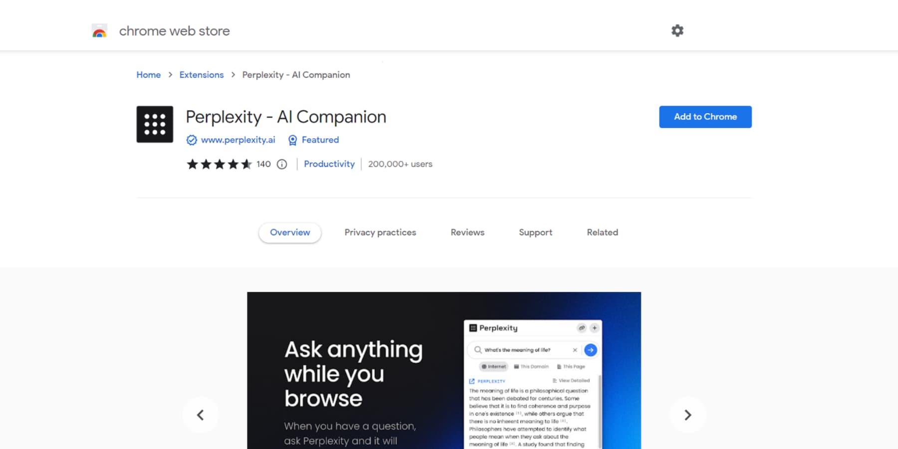 A screenshot of Perplexity AI extenstion's page on Google Webstore