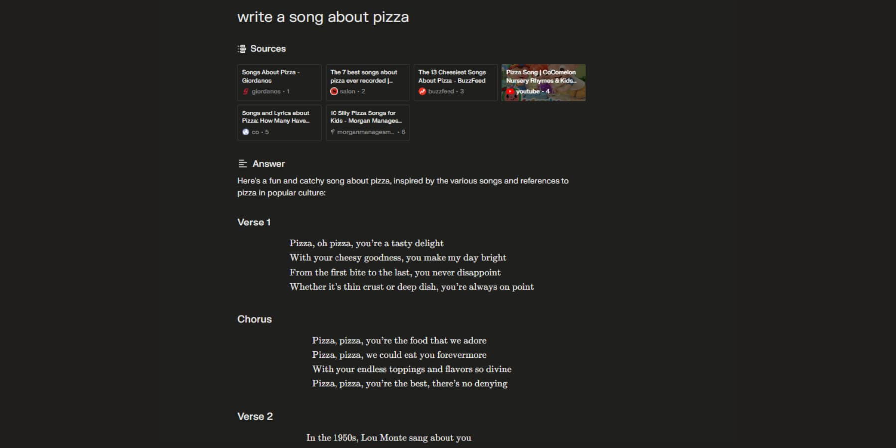 A screenshot of Perplexity AI writing a song about Pizza