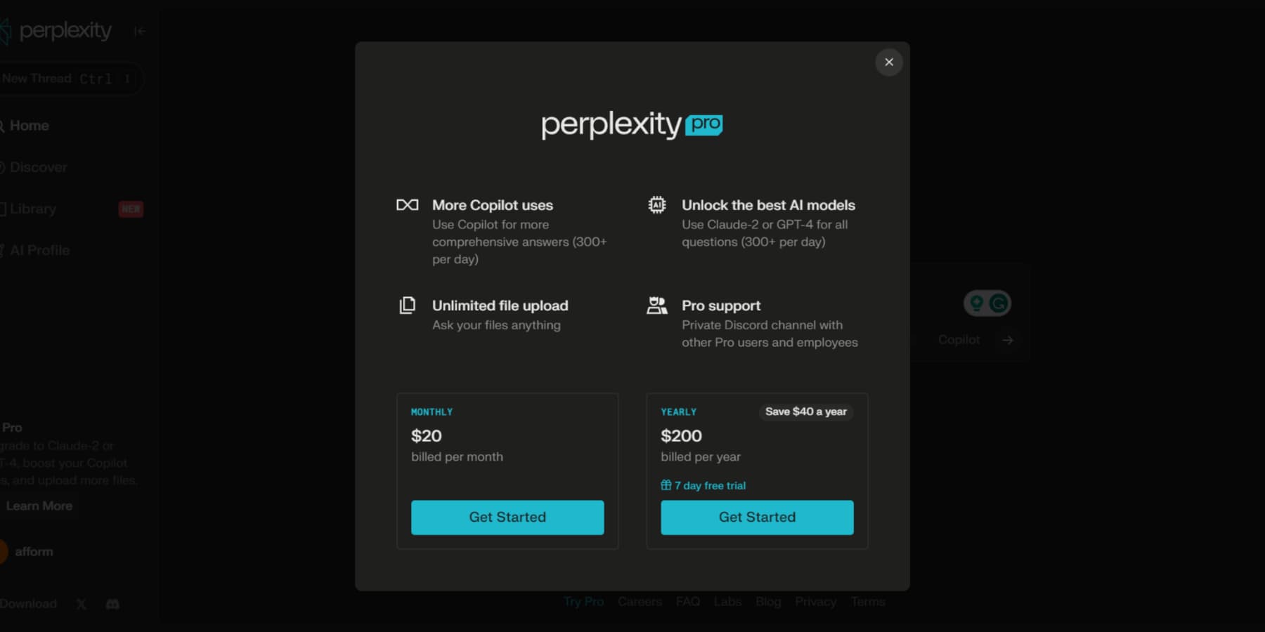 A screenshot of Perplexity AI's pricing