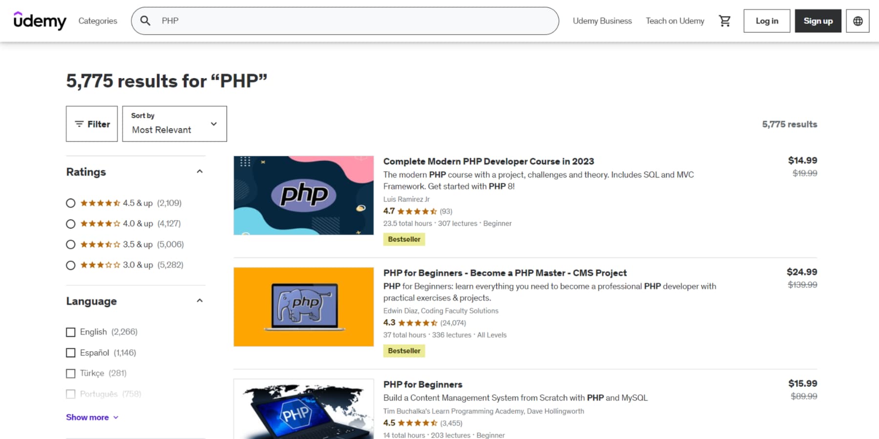 A screenshot of Udemy courses on PHP