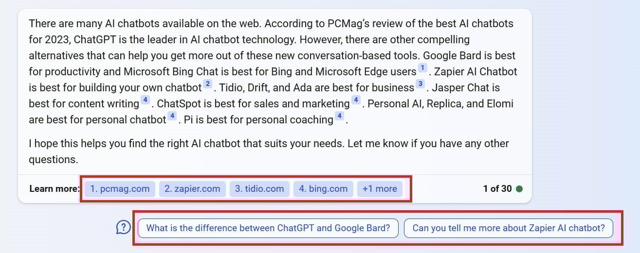 Bing User interface (recommendation and sources)