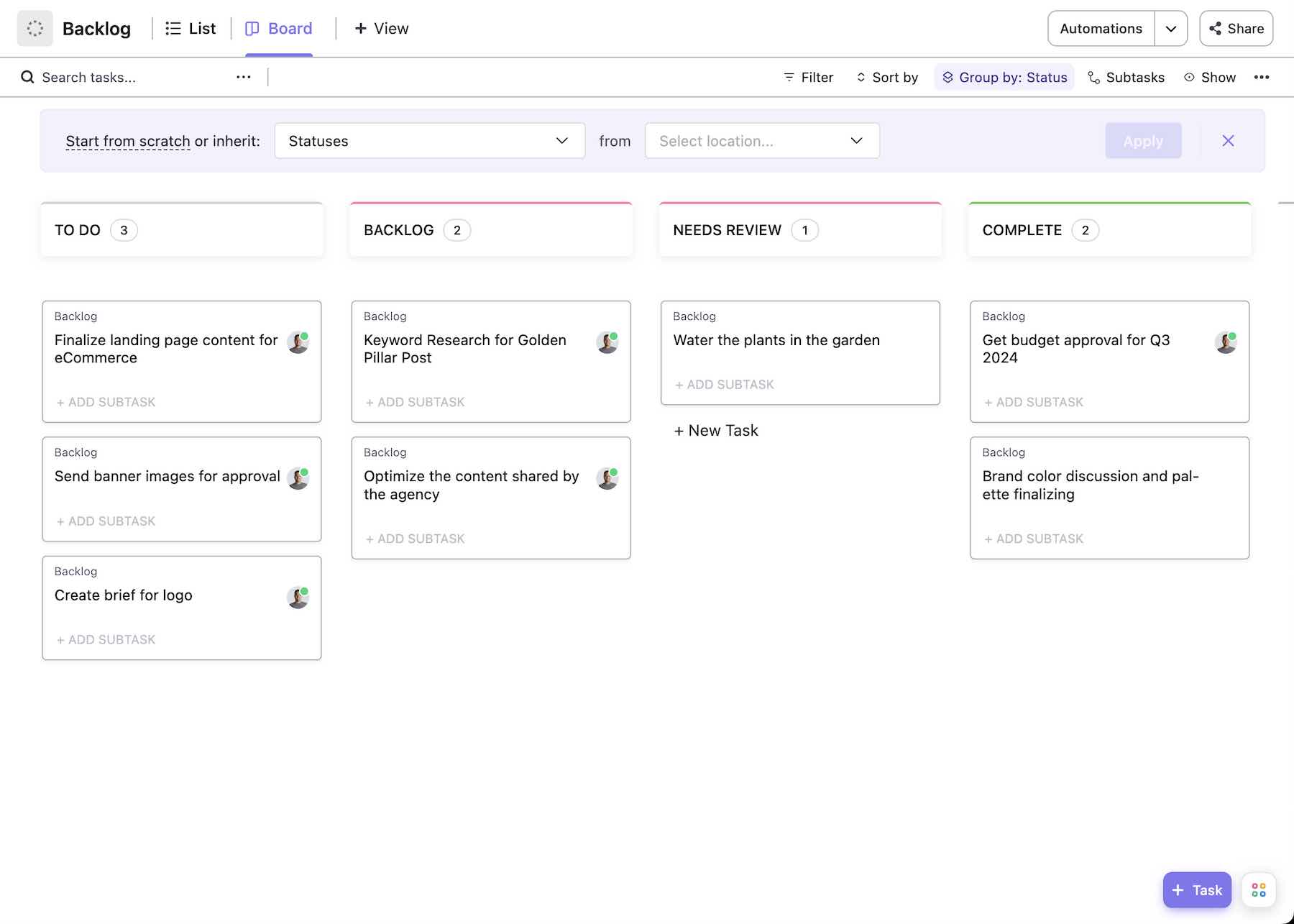 Clickup drag and drop interface screenshot