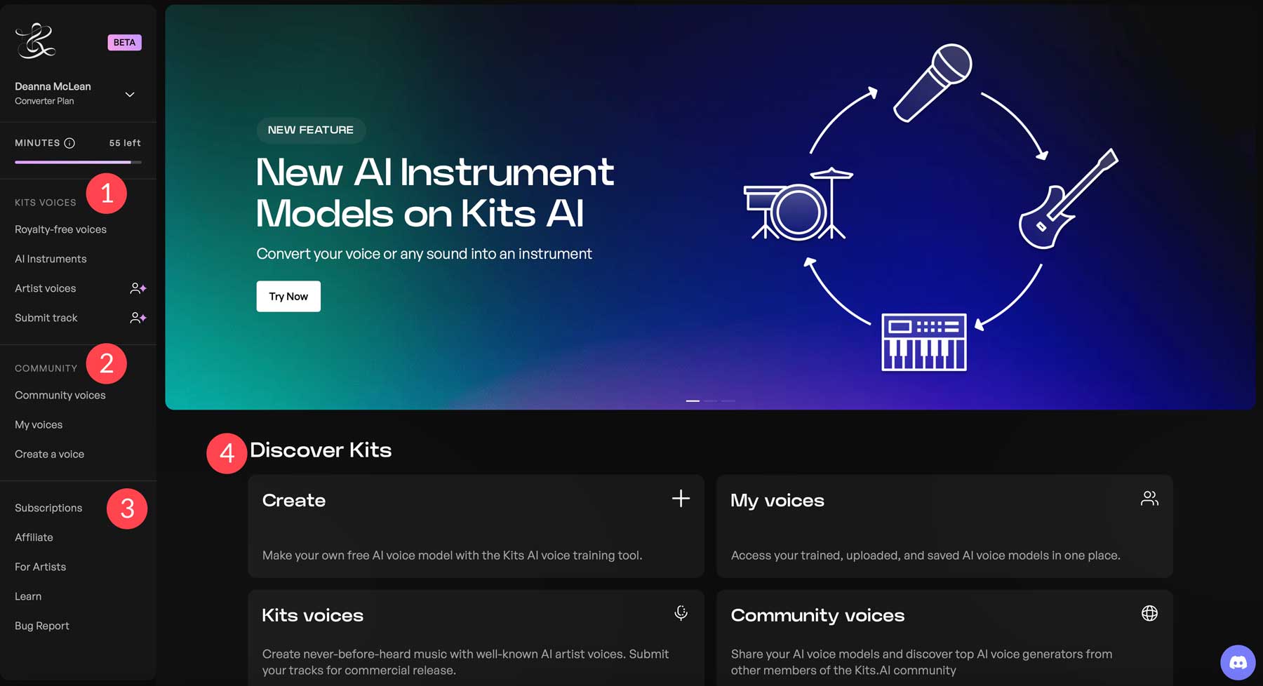 Kits.AI dashboard