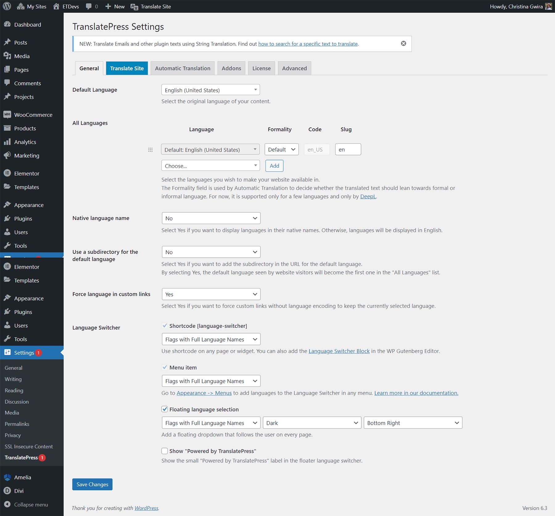 The default TranslatePress settings