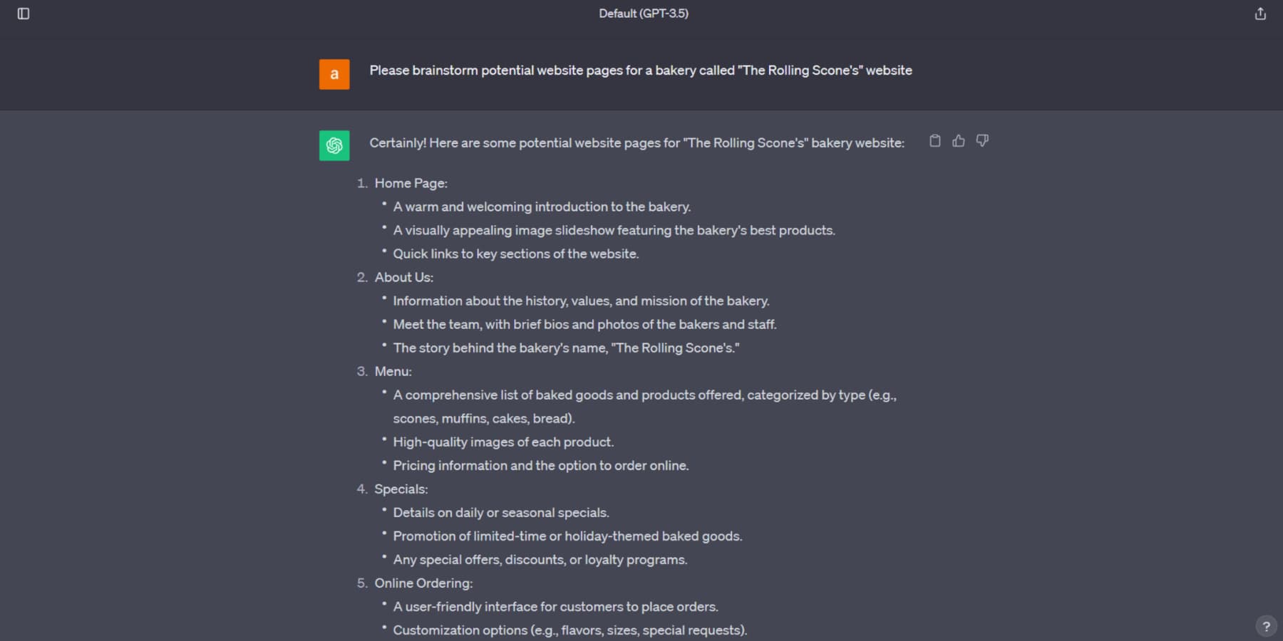 A screenshot of ChatGPT brainstorming potential pages for bakery's website