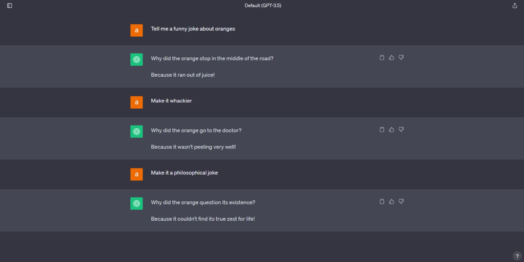 A screenshot of ChatGPT's responses for request to write jokes on oranges