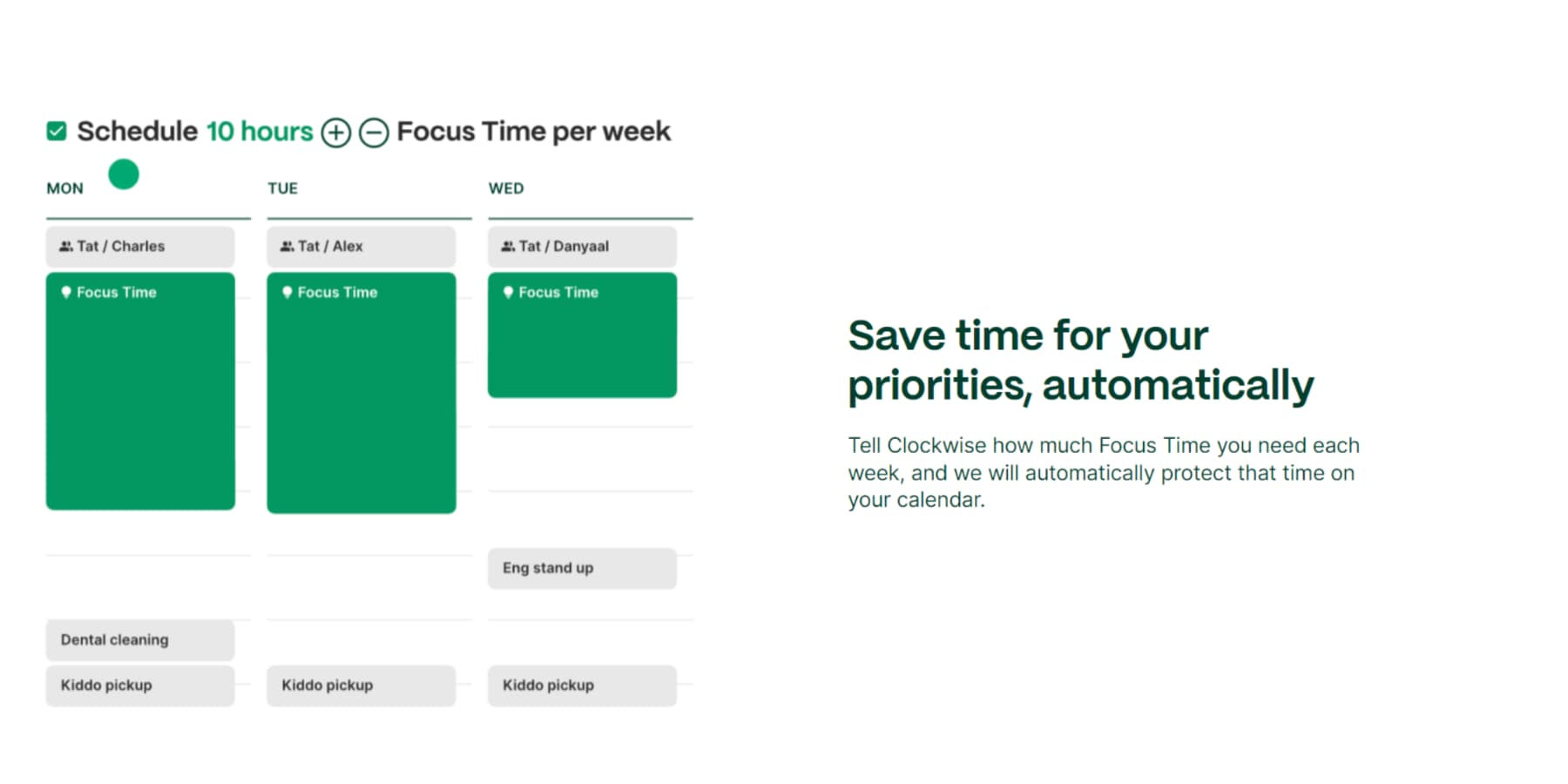 A screenshot of Clockwise's focus time scheduling feature from their website