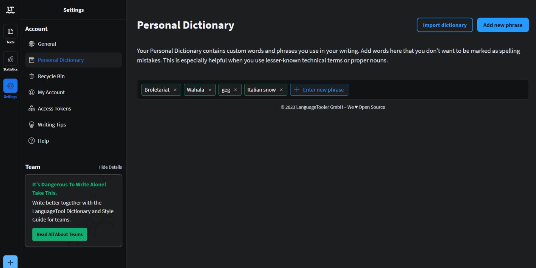 A screenshot of LanguageTool's personal dictionary
