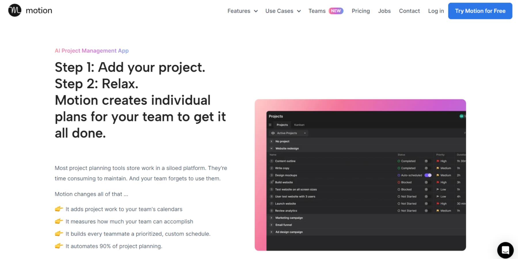 A screenshot of Motion's project management app demonstration on its website