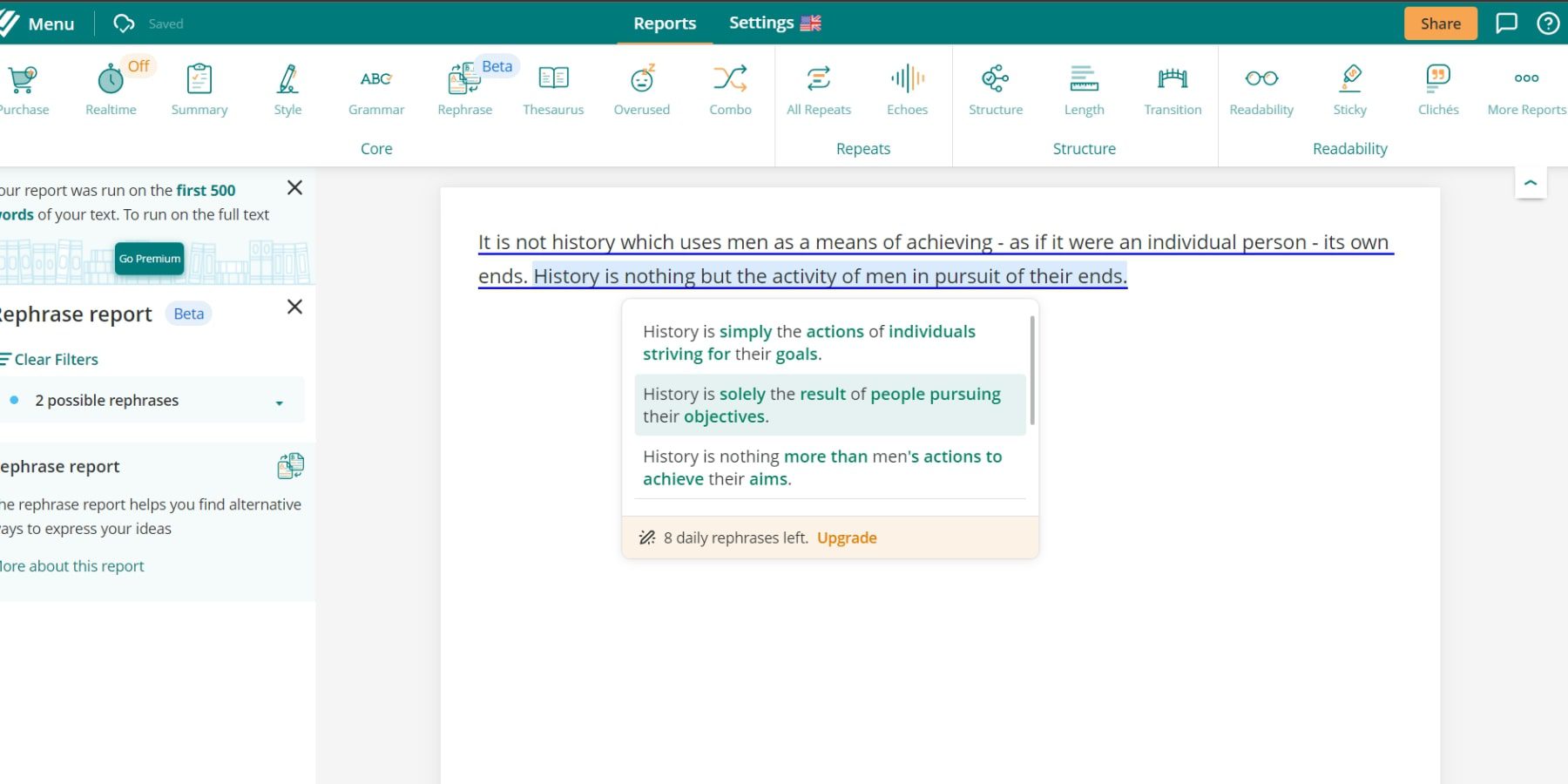 A screenshot of ProWritingAid's rephrasing tool
