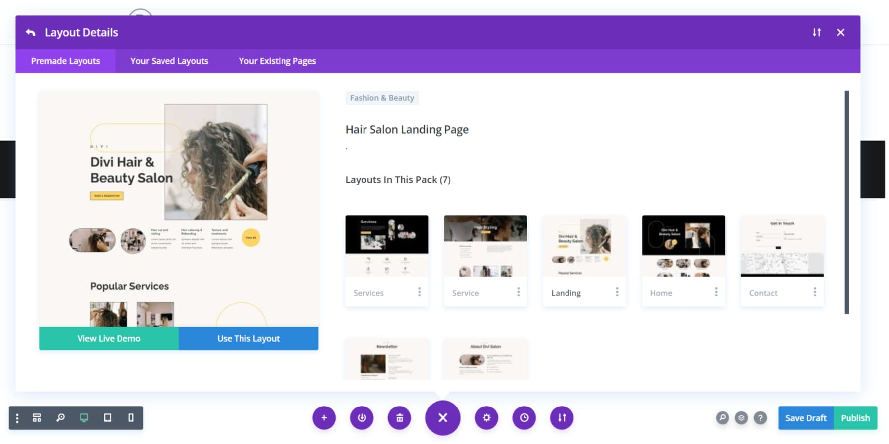 A screenshot of how to find and use pre-made layouts inside the Divi editor