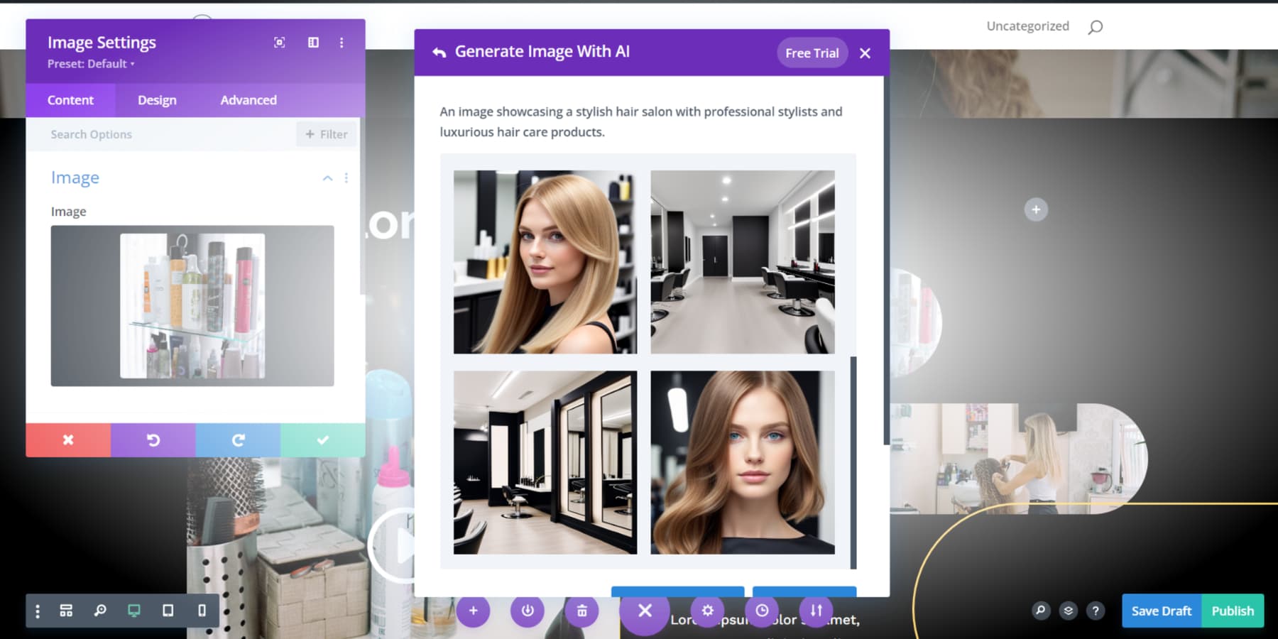 A screenshot of how to use Divi AI generating images as per the prompts provided